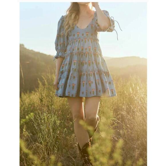 EDDY Dresses & Skirts - EDDY Julia Puff Sleeve Mini Dress XS French Blue Punch Floral Cotton